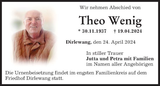 Traueranzeige von Theo Wenig von Memminger Zeitung