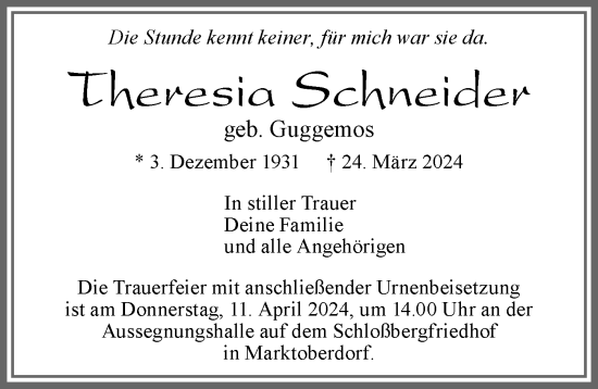 Traueranzeige von Theresia Schneider von Allgäuer Zeitung, Marktoberdorf