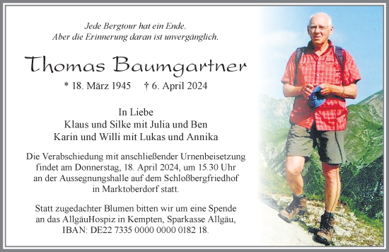 Traueranzeige von Thomas Baumgartner von Allgäuer Zeitung, Marktoberdorf