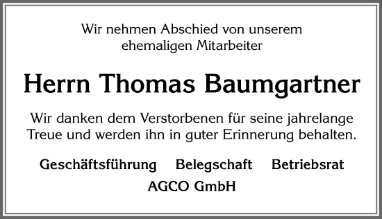 Traueranzeige von Thomas Baumgartner von Allgäuer Zeitung, Marktoberdorf