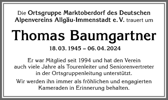 Traueranzeige von Thomas Baumgartner von Allgäuer Zeitung, Marktoberdorf