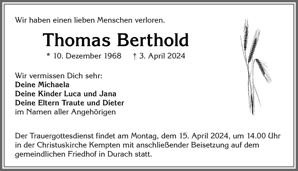  Traueranzeige für Thomas Berthold vom 10.04.2024 aus Allgäuer Zeitung,Kempten