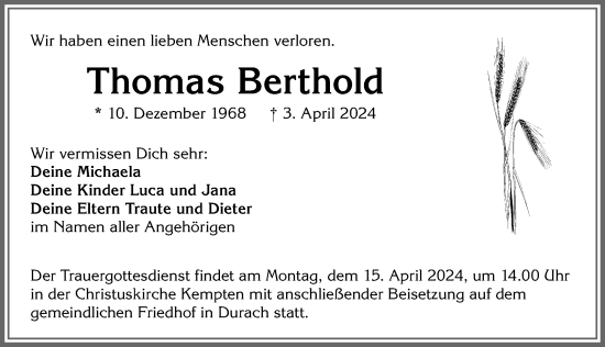 Traueranzeige von Thomas Berthold von Allgäuer Zeitung,Kempten