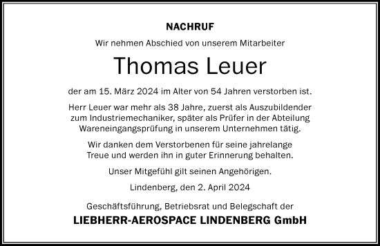 Traueranzeige von Thomas Leuer von Der Westallgäuer