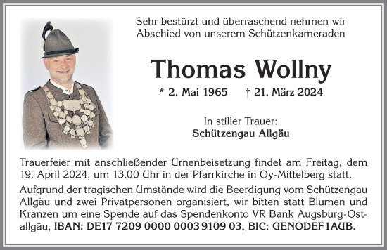 Traueranzeige von Thomas Wollny von Allgäuer Zeitung,Kempten