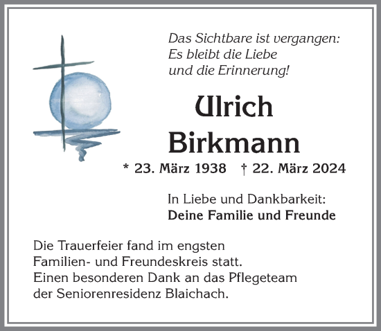 Traueranzeige von Ulrich Birkmann von Allgäuer Anzeigeblatt