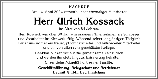 Traueranzeige von Ulrich Kossack von Allgäuer Anzeigeblatt