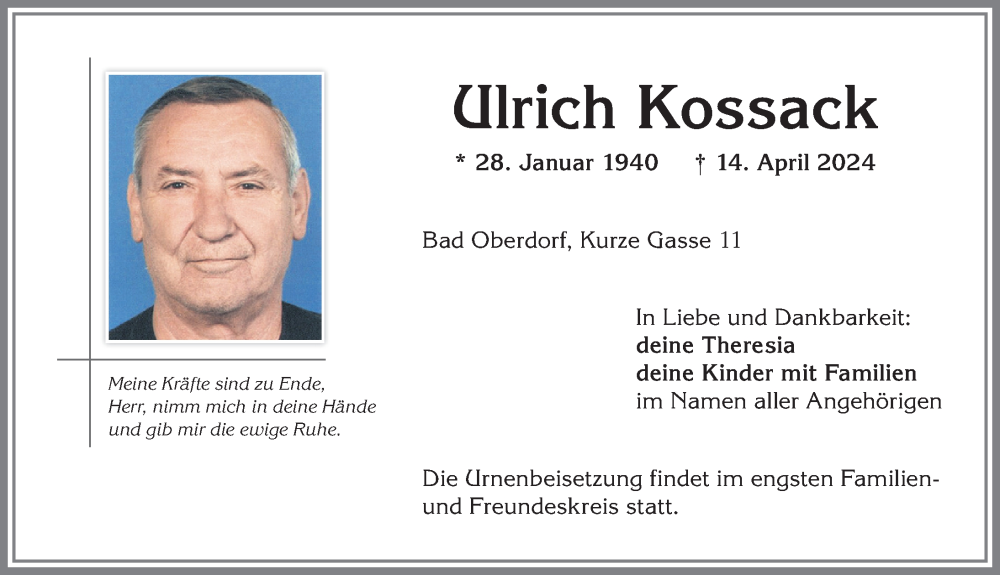  Traueranzeige für Ulrich Kossack vom 20.04.2024 aus Allgäuer Anzeigeblatt