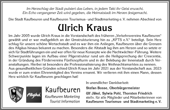 Traueranzeige von Ulrich Kraus von Allgäuer Zeitung, Kaufbeuren/Buchloe