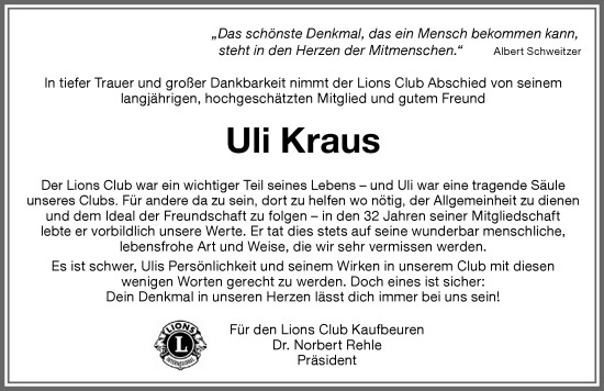 Traueranzeige von Ulrich Kraus von Allgäuer Zeitung, Kaufbeuren/Buchloe