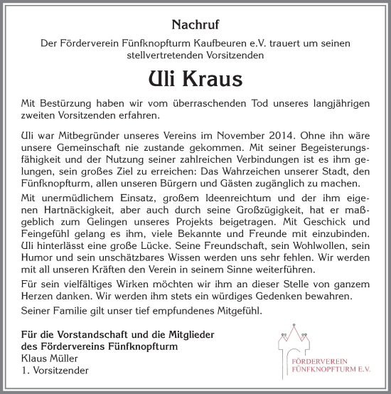 Traueranzeige von Ulrich Kraus von Allgäuer Zeitung, Kaufbeuren/Buchloe