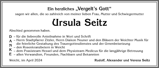 Traueranzeige von Ursula Seitz von Allgäuer Zeitung, Kaufbeuren/Buchloe