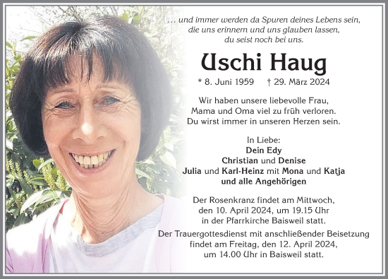 Traueranzeige von Uschi Haug von Allgäuer Zeitung, Kaufbeuren/Buchloe