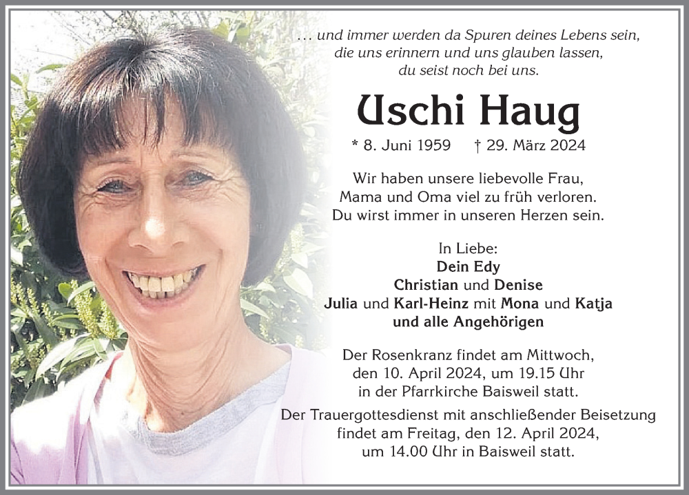  Traueranzeige für Uschi Haug vom 06.04.2024 aus Allgäuer Zeitung, Kaufbeuren/Buchloe