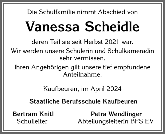 Traueranzeige von Vanessa Scheidle von Allgäuer Zeitung, Kaufbeuren/Buchloe