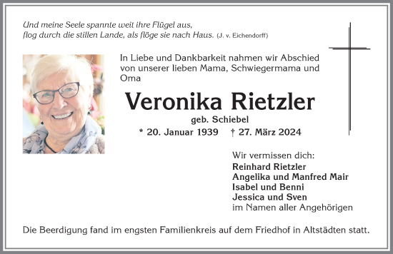 Traueranzeige von Veronika Rietzler von Allgäuer Anzeigeblatt