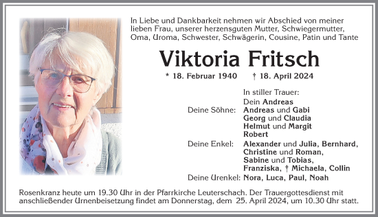 Traueranzeige von Viktoria Fritsch von Allgäuer Zeitung, Marktoberdorf