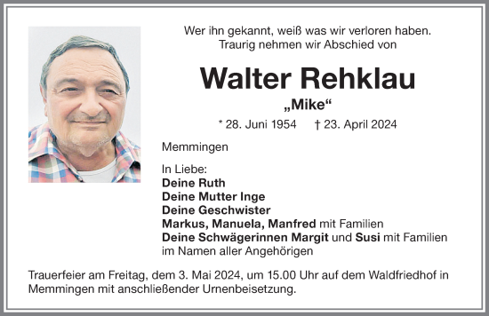 Traueranzeige von Walter Rehklau von Memminger Zeitung