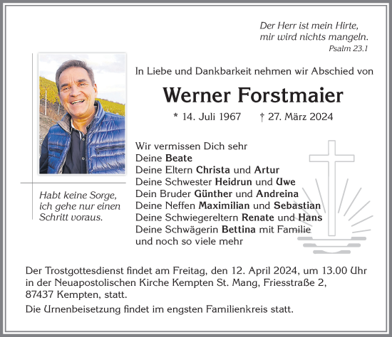 Traueranzeige von Werner Forstmaier von Allgäuer Anzeigeblatt