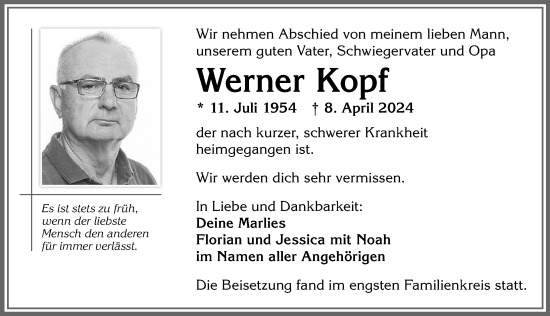 Traueranzeige von Werner Kopf von Allgäuer Zeitung, Kaufbeuren/Buchloe