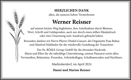 Traueranzeige von Werner Reisner von Allgäuer Zeitung, Marktoberdorf