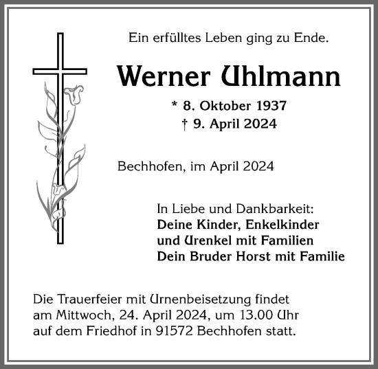 Traueranzeige von Werner Uhlmann von Allgäuer Anzeigeblatt