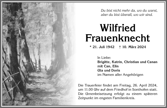 Traueranzeige von Wilfried Frauenknecht von Allgäuer Anzeigeblatt