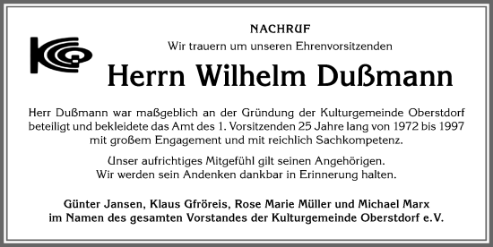 Traueranzeige von Wilhelm Dussmann von Allgäuer Anzeigeblatt