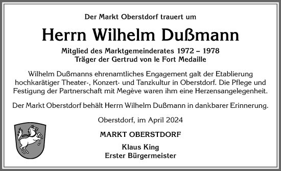 Traueranzeige von Wilhelm Dussmann von Allgäuer Anzeigeblatt