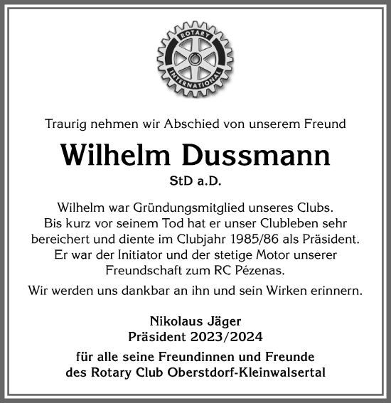 Traueranzeige von Wilhelm Dussmann von Allgäuer Anzeigeblatt