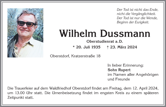 Traueranzeige von Wilhelm Dussmann von Allgäuer Anzeigeblatt