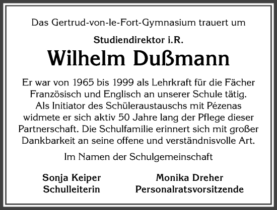 Traueranzeige von Wilhelm Dussmann von Allgäuer Anzeigeblatt