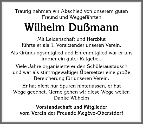 Traueranzeige von Wilhelm Dussmann von Allgäuer Anzeigeblatt