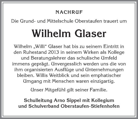 Traueranzeige von Wilhelm Glaser von Der Westallgäuer