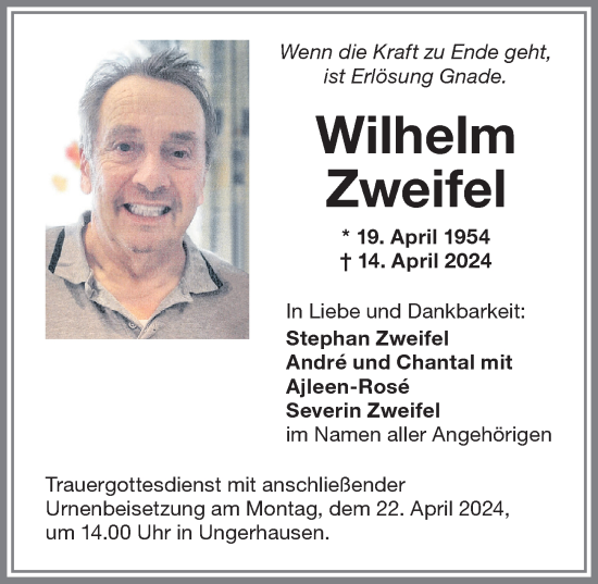 Traueranzeige von Wilhelm Zweifel von Memminger Zeitung