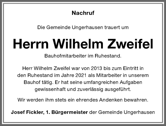 Traueranzeige von Wilhelm Zweifel von Memminger Zeitung