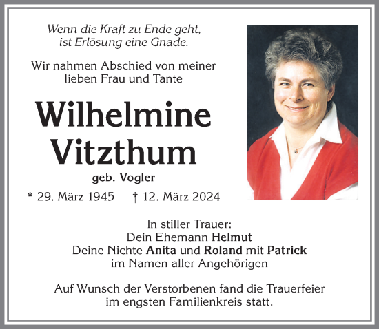 Traueranzeige von Wilhelmine Vitzthum von Allgäuer Zeitung,Kempten