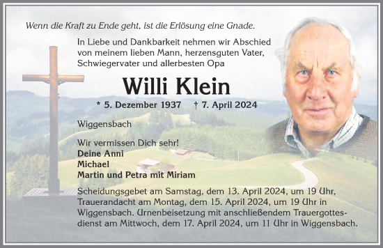 Traueranzeige von Willi Klein von Allgäuer Zeitung,Kempten