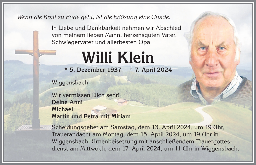 Traueranzeige für Willi Klein vom 13.04.2024 aus Allgäuer Zeitung,Kempten