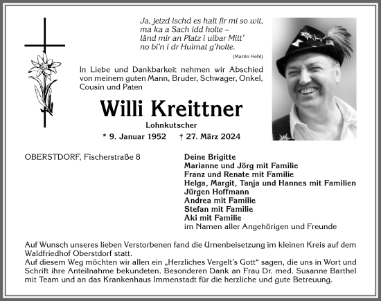 Traueranzeige von Willi Kreittner von Allgäuer Anzeigeblatt