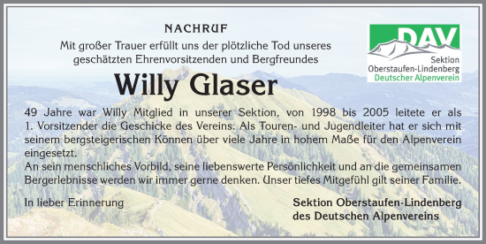 Traueranzeige von Willy Glaser von Der Westallgäuer