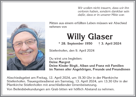 Traueranzeige von Willy Glaser von Der Westallgäuer