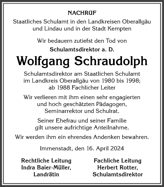Traueranzeige von Wolfgang Schraudolph von Allgäuer Zeitung,Kempten
