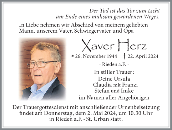 Traueranzeige von Xaver Herz von Allgäuer Zeitung,Kempten