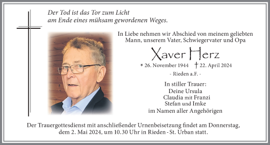 Traueranzeige von Xaver Herz von Allgäuer Zeitung, Füssen