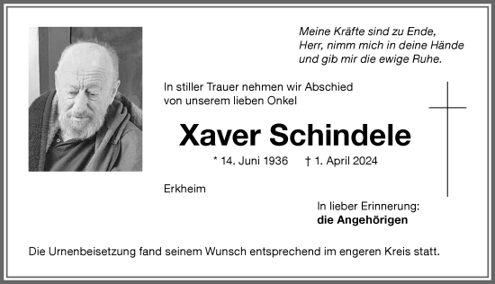 Traueranzeige von Xaver Schindele von Memminger Zeitung