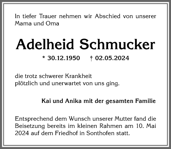 Traueranzeige von Adelheid Schmucker von Allgäuer Anzeigeblatt