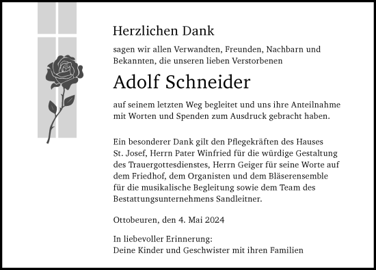 Traueranzeige von Adolf Schneider von Memminger Zeitung