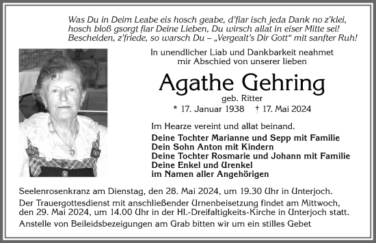 Traueranzeige von Agathe Gehring von Allgäuer Anzeigeblatt