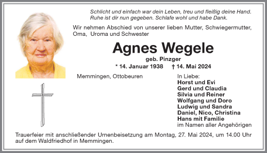 Traueranzeige von Agnes Wegele von Memminger Zeitung